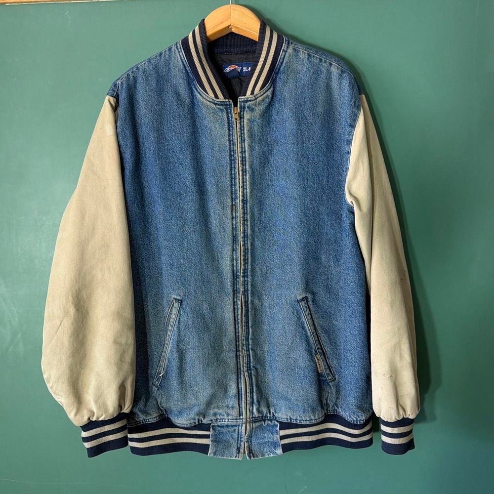 Dickies Vintage Y2K Denim Bomber Jacket Cream Sleeves Striped XL Blue 90s